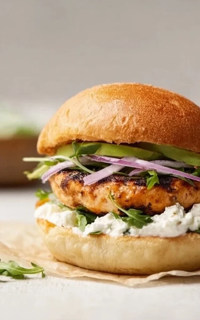 Air fryer salmon burgers on a plate with fresh toppings