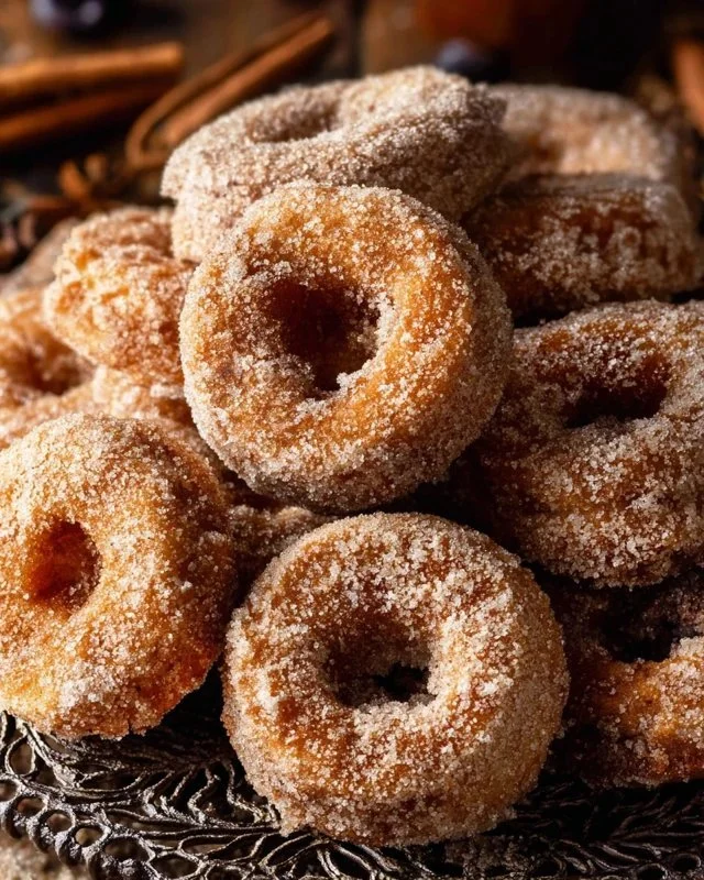 Freshly baked apple donuts topped with cinnamon sugar and apple slices