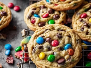 Delicious homemade M&M Cookies with colorful candies
