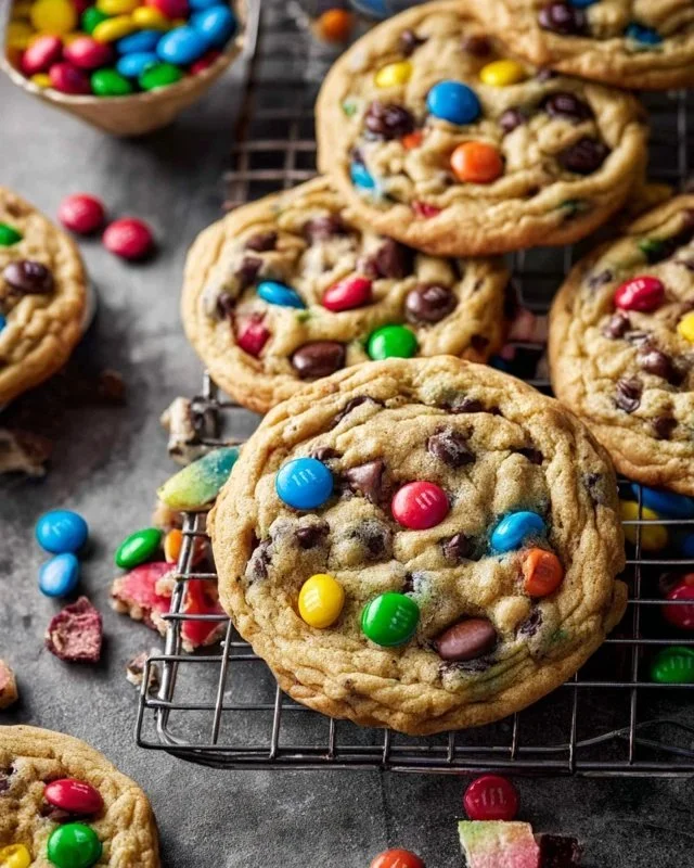Delicious homemade M&M Cookies with colorful candies