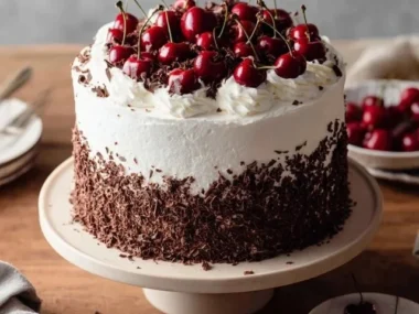 Deliciously layered Black Forest Cake topped with cherries and whipped cream.