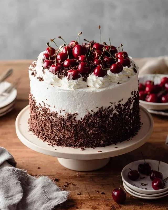 Deliciously layered Black Forest Cake topped with cherries and whipped cream.