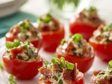 Plate of delicious BLT Bites featuring bacon, lettuce, and tomato.