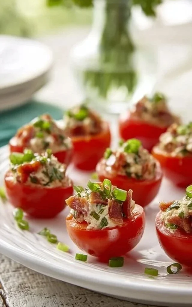 Plate of delicious BLT Bites featuring bacon, lettuce, and tomato.