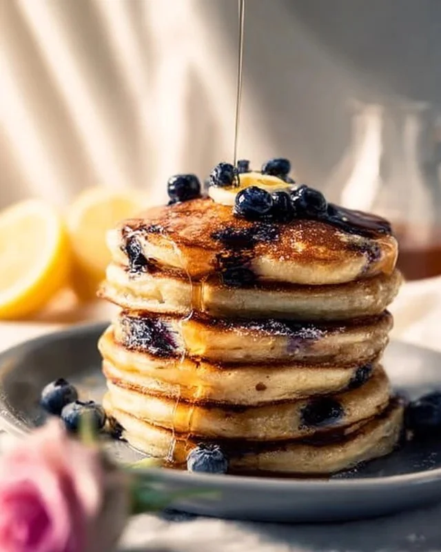 Delicious blueberry lemon ricotta pancakes stacked on a plate