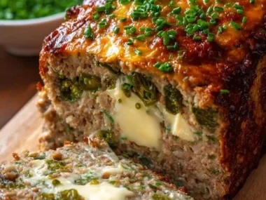 Cheesy jalapeño bacon meatloaf served with herbs on a wooden plate