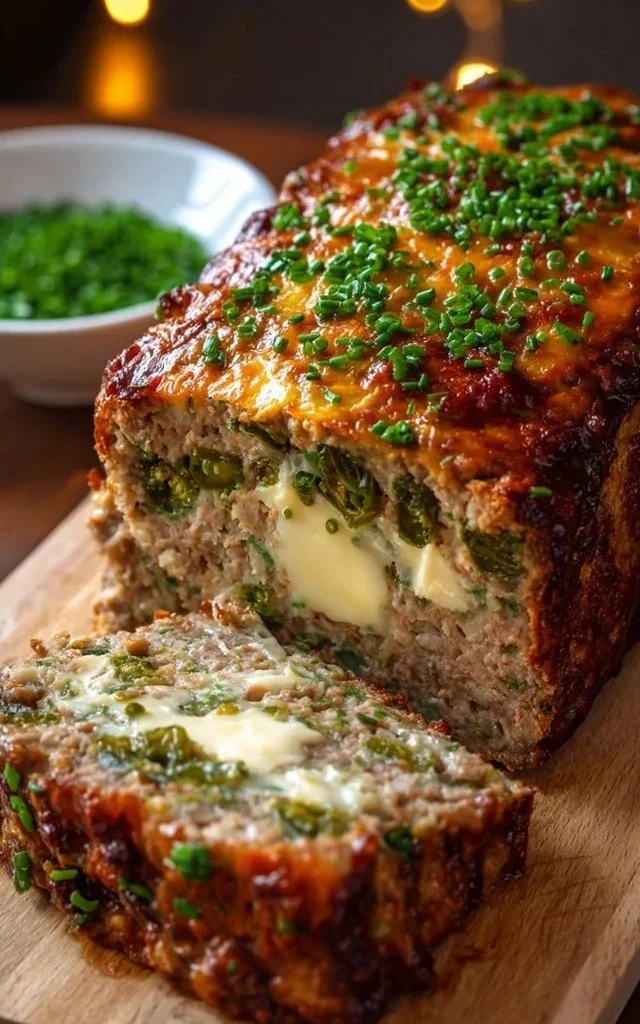 Cheesy jalapeño bacon meatloaf served with herbs on a wooden plate