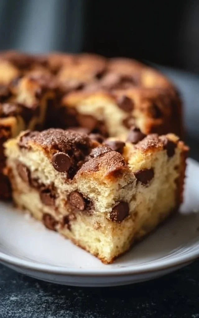 Moist and delicious Chocolate Chip Cake with chocolate chips on top