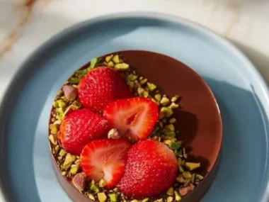 Delicious Chocolate Ganache Cups with strawberries and pistachios