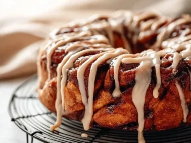 Delicious cinnamon monkey bread with gooey caramel glaze on a plate