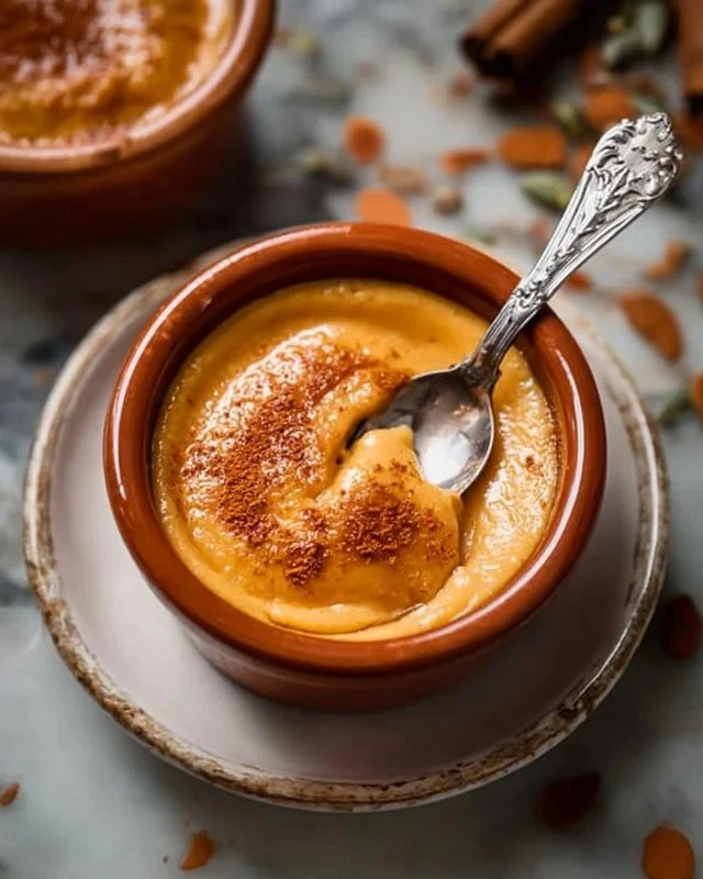 Delicious cozy pumpkin pudding topped with whipped cream and spices