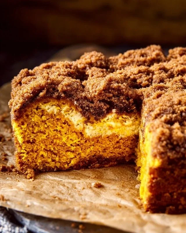 Cream Cheese Swirled Cinnamon Pumpkin Coffee Cake slice on a plate