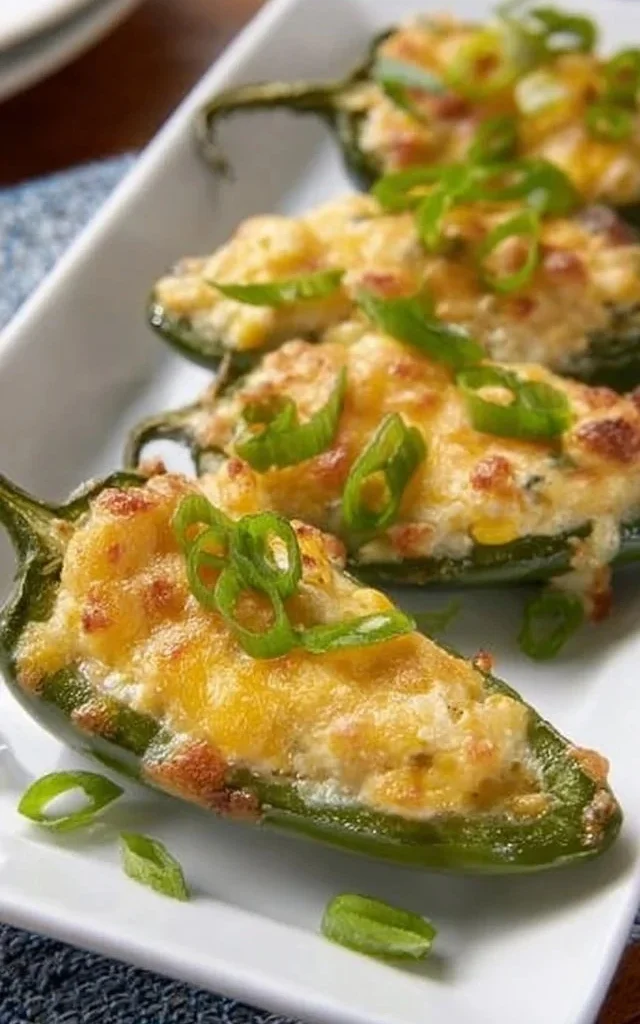 Creamy corn-stuffed jalapeños with a cheesy filling on a plate.