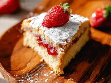 Gooey strawberry cheesecake butter cake topped with fresh strawberries