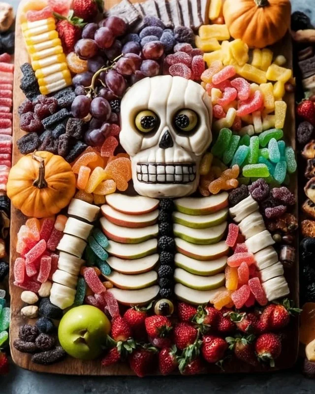 Halloween skeleton charcuterie board featuring spooky snacks and decorations.