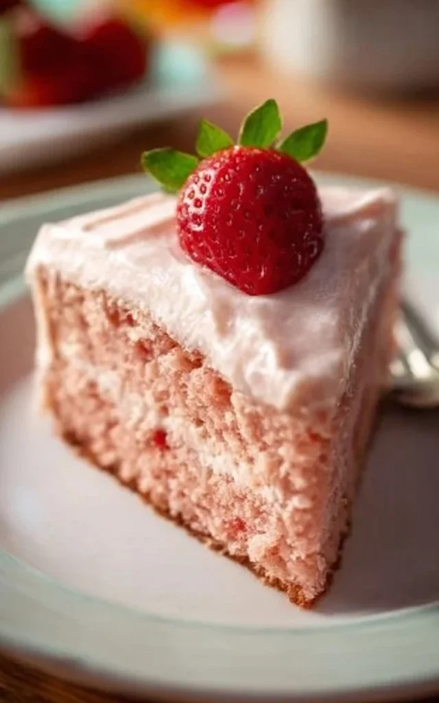A slice of homemade strawberry cake topped with fresh strawberries and cream