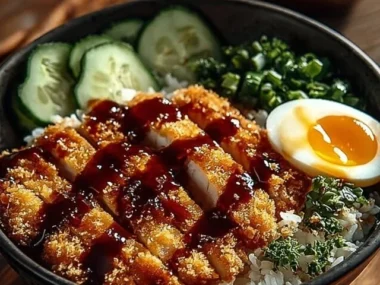Delicious Japanese Chicken Katsu Bowl with crispy chicken, rice, and vegetables