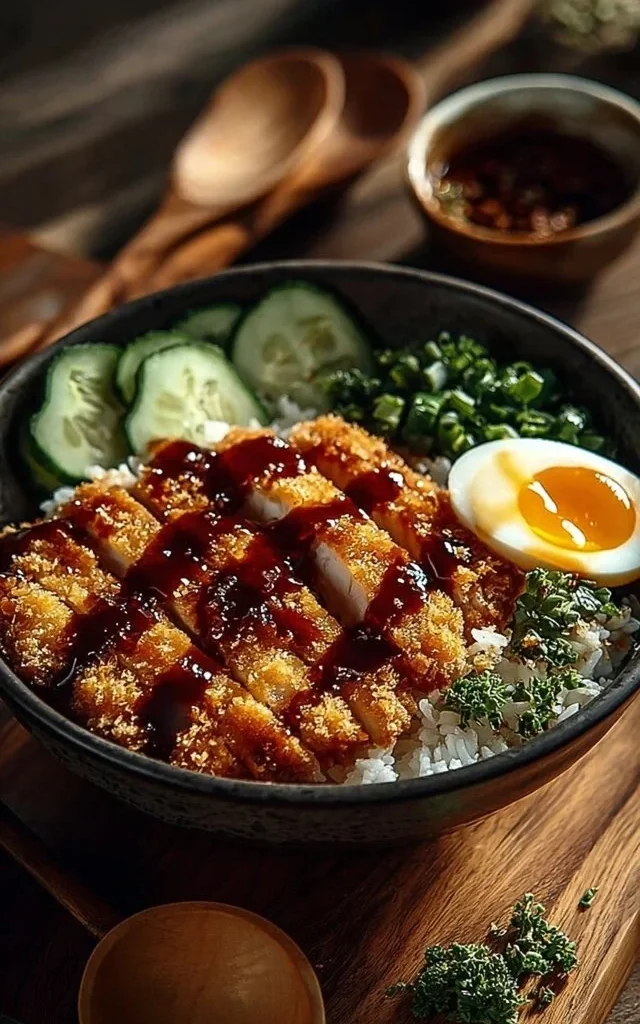 Delicious Japanese Chicken Katsu Bowl with crispy chicken, rice, and vegetables