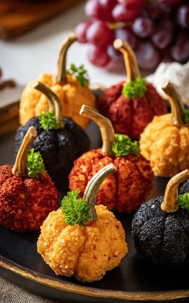 Mini pumpkin cheese balls plated elegantly for a festive appetizer
