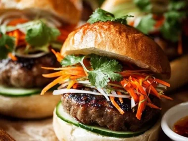 Juicy pork burgers with spicy Sriracha mayo on a toasted bun