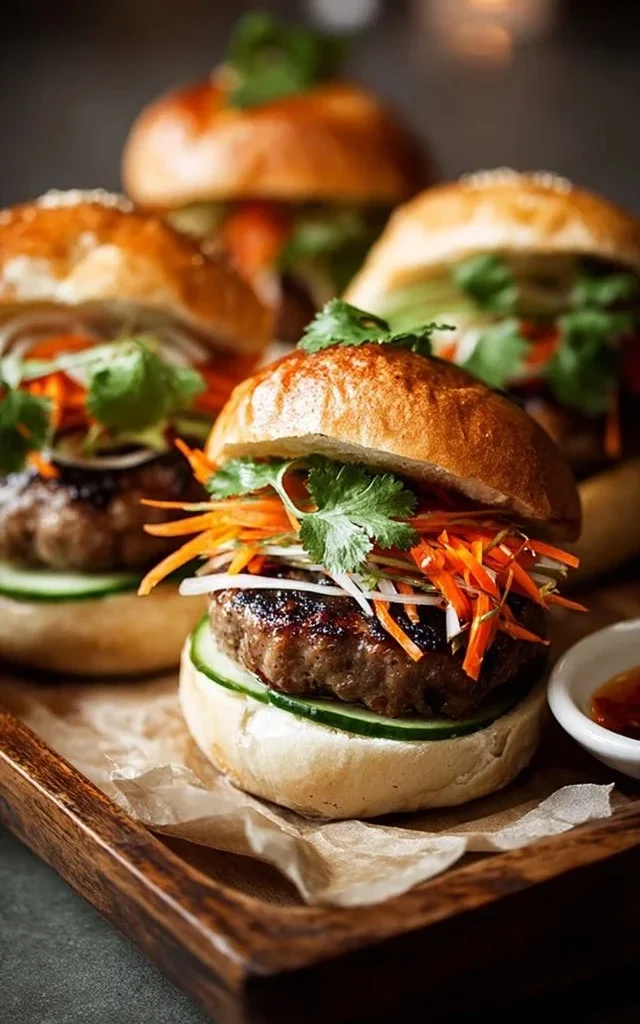 Juicy pork burgers with spicy Sriracha mayo on a toasted bun