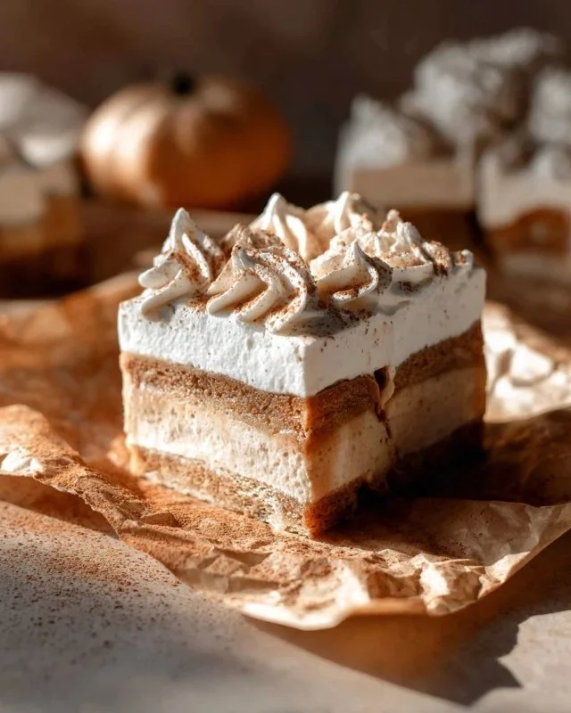 Delicious Pumpkin Pie Cheesecake Bars topped with whipped cream and spices