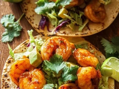 Delicious shrimp tacos topped with fresh vegetables and sauce