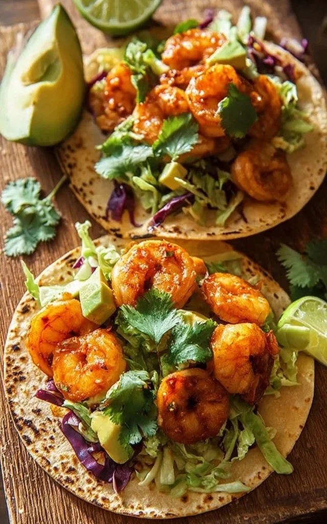 Delicious shrimp tacos topped with fresh vegetables and sauce