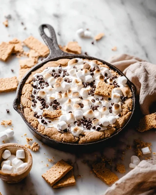 S'mores Cookie Skillet topped with melted chocolate and marshmallows