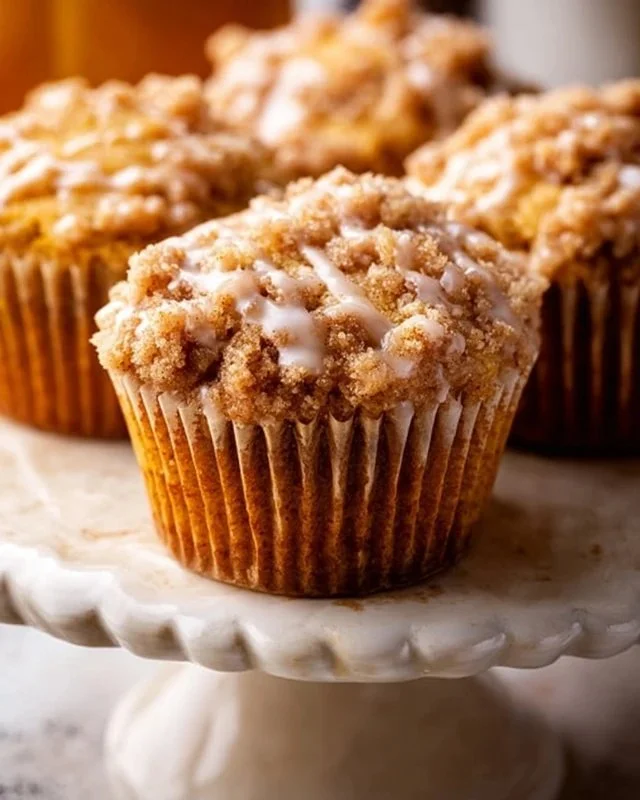 Delicious pumpkin muffins with crumble topping and maple icing