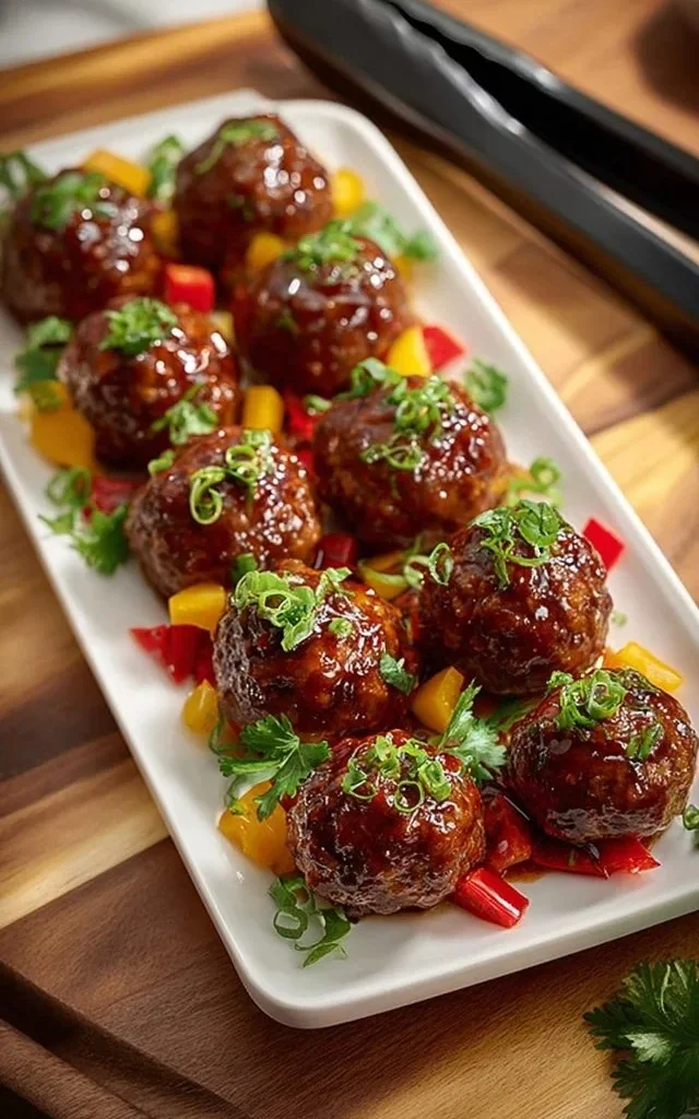 Plate of Sweet Chili Meatballs garnished with green onions