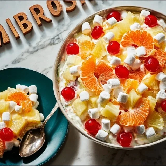Bowl of colorful Ambrosia Salad with fruits and marshmallows