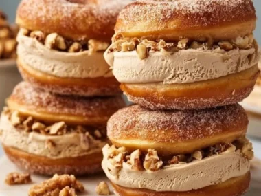 Apple cider donut ice cream sandwiches served on a wooden platter