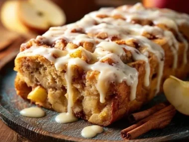 Freshly baked apple fritter bread with chunks of apples and a sweet glaze