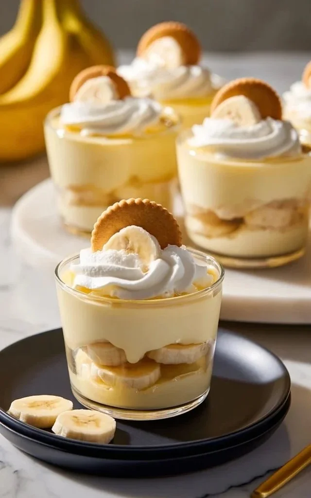 Delicious banana pudding cups served in clear dessert cups with a spoon
