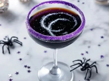 A luxurious Black Magic Martini garnished with olives and presented in an elegant glass.
