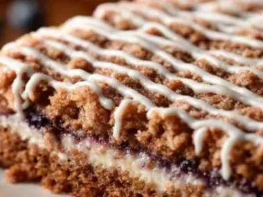 Slice of Blueberry Sour Cream Coffee Cake topped with fresh blueberries