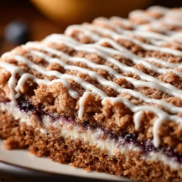 Slice of Blueberry Sour Cream Coffee Cake topped with fresh blueberries