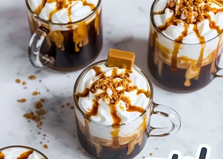 Delicious homemade butterscotch coffee in a cup garnished with whipped cream