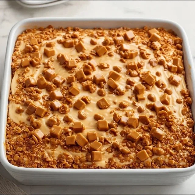 Deliciously layered Butterscotch Crunch Cake topped with crunchy butterscotch chips