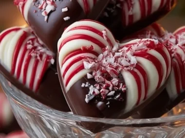 Delicious Candy Cane Chocolate Hearts with festive red and white swirls