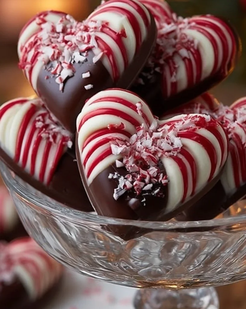 Delicious Candy Cane Chocolate Hearts with festive red and white swirls