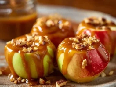 Delicious caramel apple bites topped with rich caramel sauce.