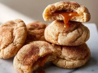 Delicious caramel stuffed snickerdoodle cookies on a plate