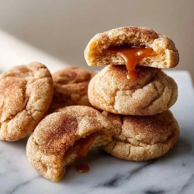 Delicious caramel stuffed snickerdoodle cookies on a plate