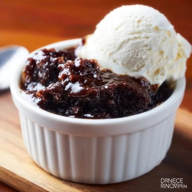 Delicious homemade chocolate cobbler served in a bowl with ice cream on top.