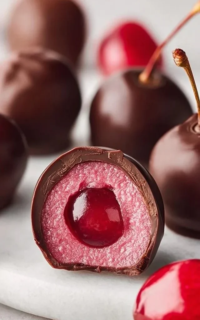 Delicious chocolate-dipped cherries on a white plate