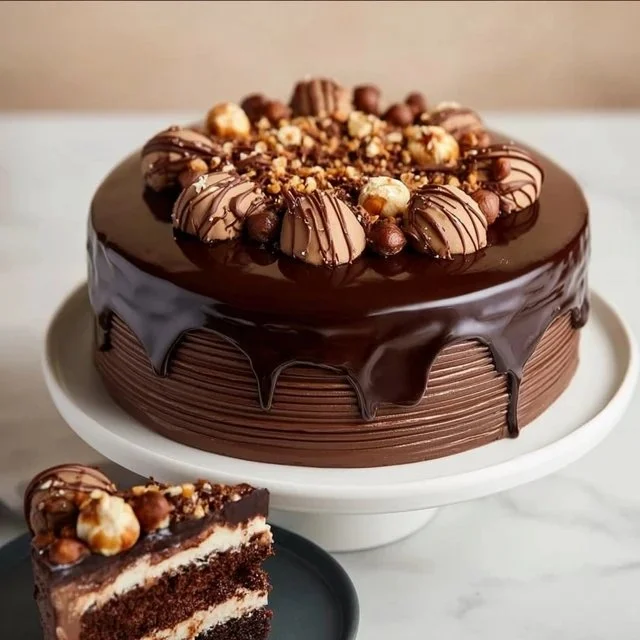 Delicious Chocolate Hazelnut Cake topped with hazelnuts and chocolate frosting