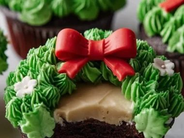 Festive chocolate wreath cupcakes decorated for the holiday season