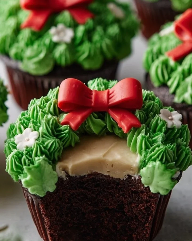 Festive chocolate wreath cupcakes decorated for the holiday season